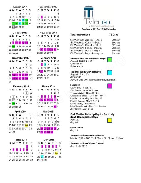 2016 - 2017 School calendar | Tyler Independent School District - Tyler, TX