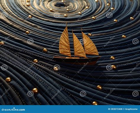 Stylized Boat on a Sea of Blue Fabric Stock Illustration - Illustration ...