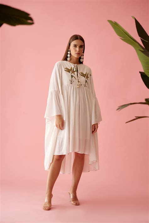 Cream banana tree print yoke frill dress