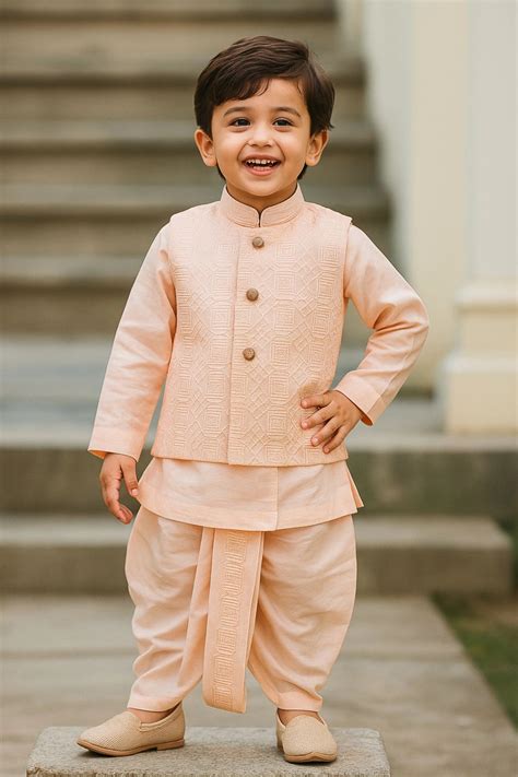 Peach Dhoti Kurta Set With Embroidered Nehru Jacket For Boys – Lagorii Kids