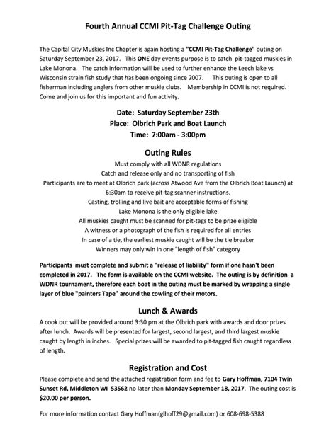 Fillable Online Fourth Annual CCMI Pit-Tag Challenge Outing Outing ...