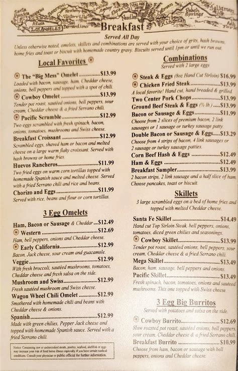 Menu at Wagon Wheel Restaurant, Needles