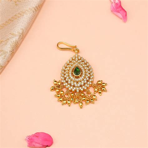 Silver and Kundan Maang Tikka with Gold Bead Hangings – Padmam