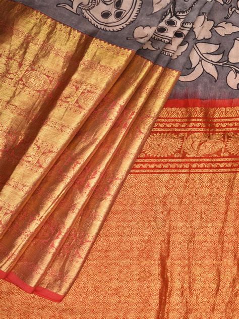 Light Grey Kalamkari Hand Painted Kanchipuram Silk Handloom Saree with ...