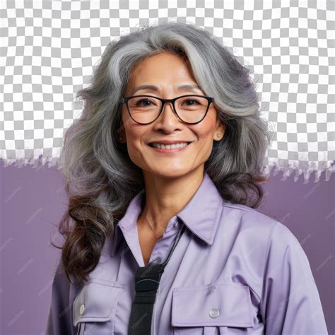 Elegante ingeniero sénior asiático envidioso de pelo largo sonriente ...