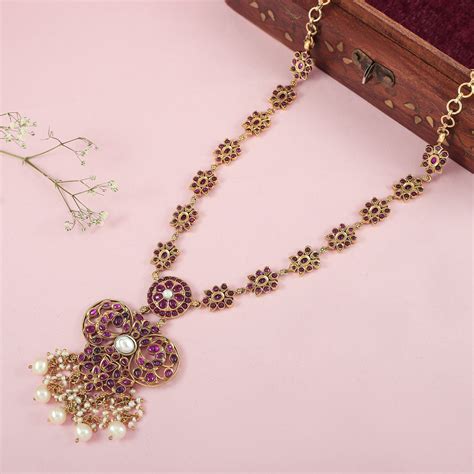 Pakhi Gold Plated Pink Floral Silver Necklace – PP Jewellers