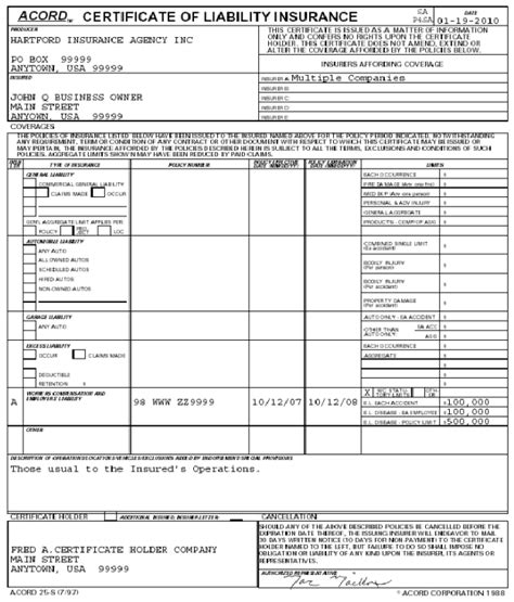 Liability Insurance Certificate Form 的图像结果