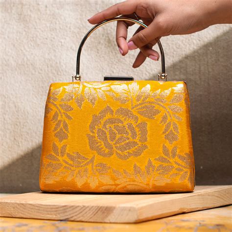 Yellow And Golden Brocade Fabric Clutch - Artklim