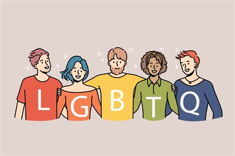 Smiling diverse people with colorful tops with LGBTQ letters show support. Happy group stand ...