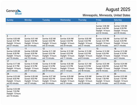August 2025 Sunrise and Sunset Calendar for Minneapolis (PDF, Excel, Word)