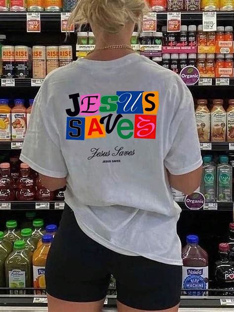 Summer Print T-Shirt, Print "Jesus Saves", Block Letters, Christian T ...