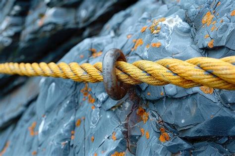 Yellow rope secured to a metal ring on a rock face | Premium AI ...
