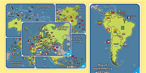 Maps of Continents with Flags Display Posters