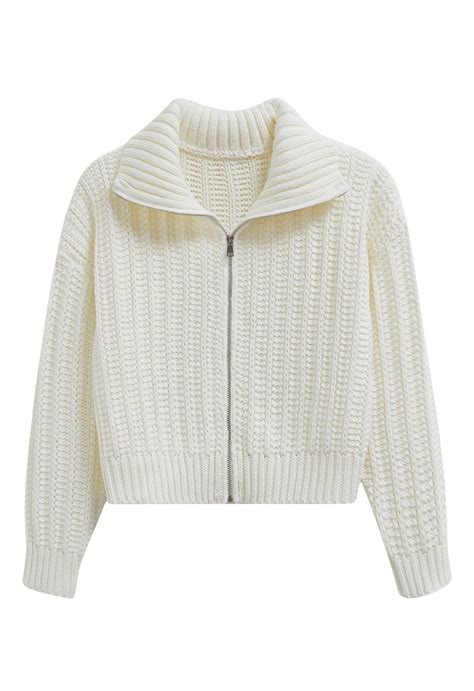 High Neck Chunky Knit Zip Up Cardigan in White - Retro, Indie and ...