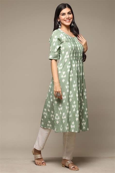 Khaki Green Cotton IKAT Straight Yarndyed Kurta
