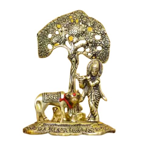 Lord Krishna playing Flute under Tree with Golden Cow and Calf Decorat ...