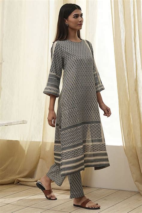 Black and Beige Printed Straight Kurta Set at Biba India