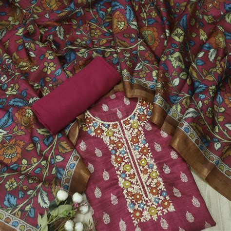 Khalasi Magenta Purple Embroidered Neck Work Art Tussar Silk Suit Set ...