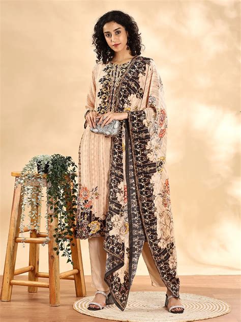 Beige And Brown Pure Silk Sequins Work Straight Kurta Dupatta Pant Set ...