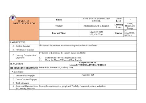 Image result for Grade 7 12 Daily Lesson Log