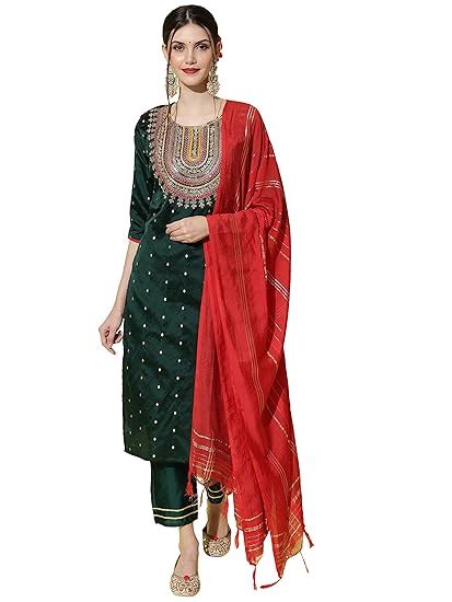 VredeVogel Women's Silk Blend Embroidered Straight Kurta & Trousers ...