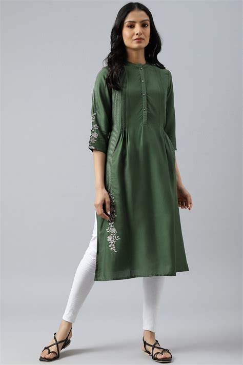 Buy Olive Green Pleated kurta With Embroidery @ 1999 | W for woman ...