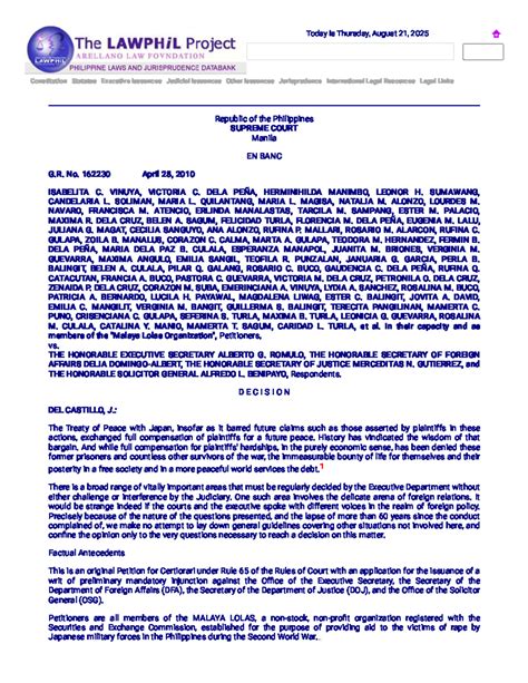 Vinuya v. Romulo - LA PEÑA, MARIA DELA PAZ B. CULALA, ESPERANZA MANAPOL ...