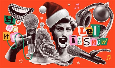 Christmas and new year karaoke party halftone collage elements set cut ...