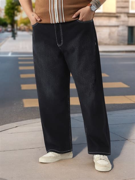 Plus Men's Black Loose Baggy Fit Washed Jeans Non-Stretchable – Urbano ...