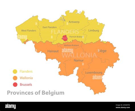 Belgium map, Provinces of Belgium, separates regions and names, color map isolated on white ...