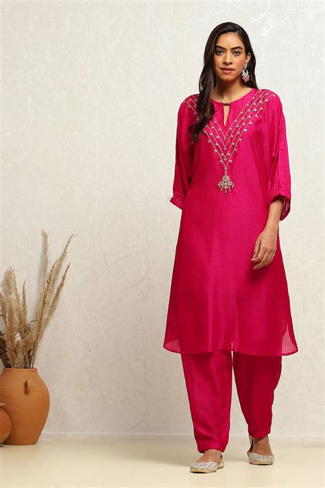 Buy Fuchsia Solid Festive Straight Kurta Set Online at Biba India