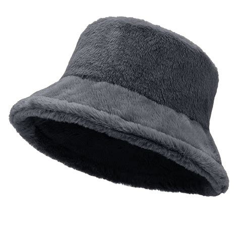 Women Plush Fluffy Bucket Hat Warm Lining Winter Faux Fur Cozy Wide ...