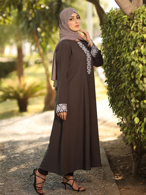 Embroidered Grey Abaya Dress - Grey Closed Abaya – Modora UK