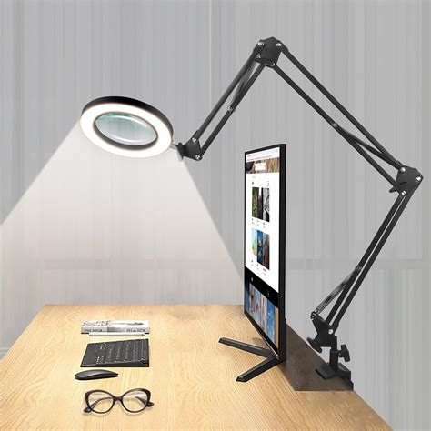 NOEVSBIG Magnifying Glass Desk Lamp with 3-Section Swing Arm and Big ...
