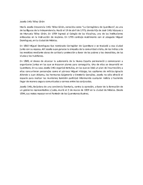 Josefa Ortiz Téllez Girón: Figura Clave en la Independencia - Studocu