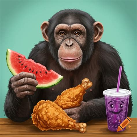 A chimpanzee holding a slice of watermelon and two pieces of fried ...
