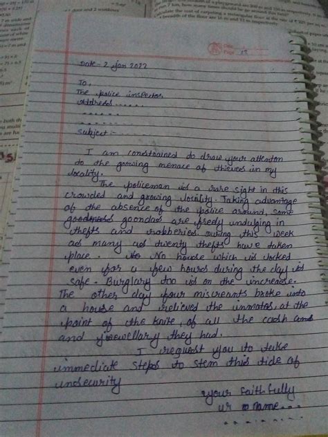 Write a letter to the Police Inspector of your locality, bringing to ...