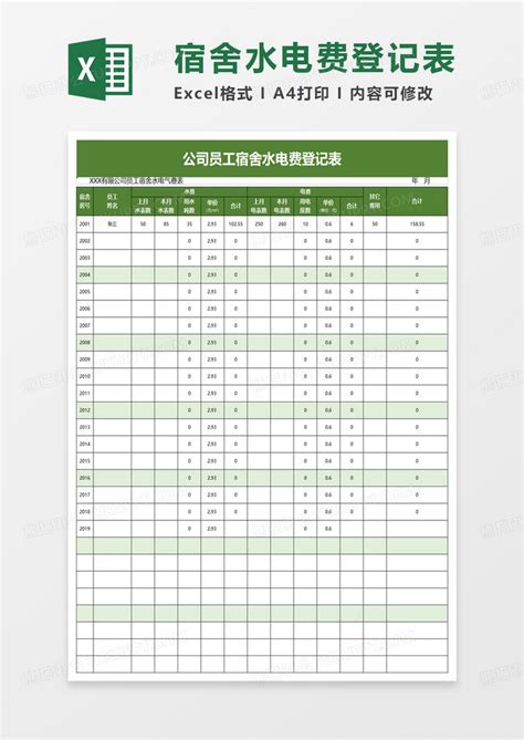 公司员工宿舍水电费登记表Excel模板下载_熊猫办公