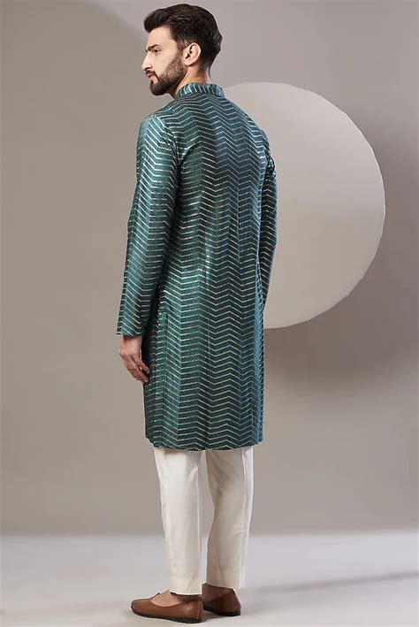Men's Teal Blue Color Viscos Raw Silk Embroidery Kurta Pajama Set - Tr ...