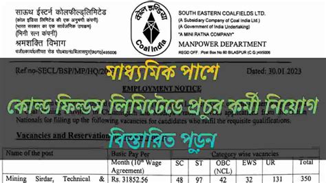 মাধ্যমিক পাশে কোল্ড ফিল্ডস লিমিটেডে কর্মী নিয়োগের বিজ্ঞপ্তি | SECL ...