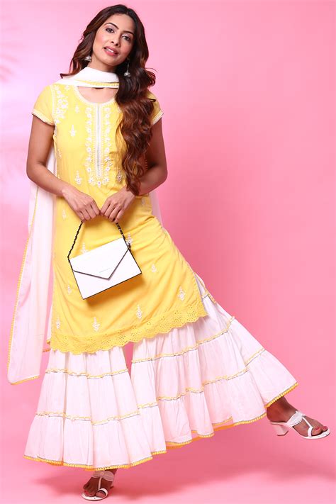 Buy Yellow Cotton Sharara Kurta Sharara Suit Set Online at Biba India