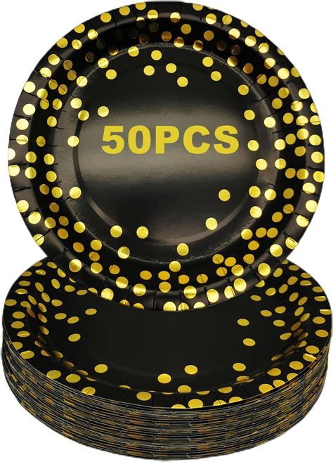 SHUESS 100 Pcs Black and Gold Paper Plates - 7 Inch Black Paper Plates ...