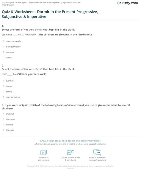 Quiz & Worksheet - Dormir in the Present Progressive, Subjunctive ...