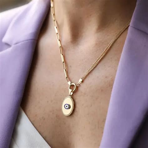 Blink Double Chain Detailed Yellow Gold Evil Eye Necklace
