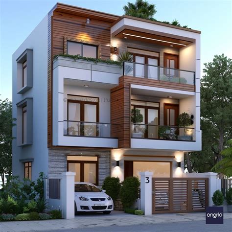 Contemporary Indian 3-Story House Design with Wood Cladding – Ongrid Design