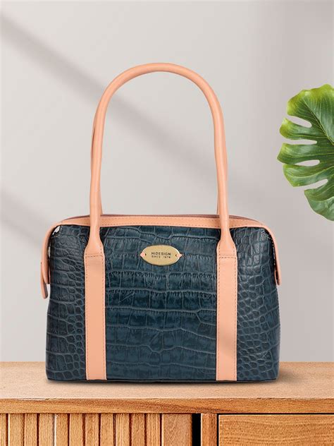 Hidesign Navy Blue Croc Textured Leather Structured Handheld Bag ...