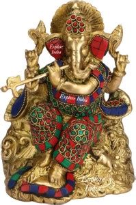 Explore india Ganesha Playing Flute Statue Sitting on Singhasan with ...