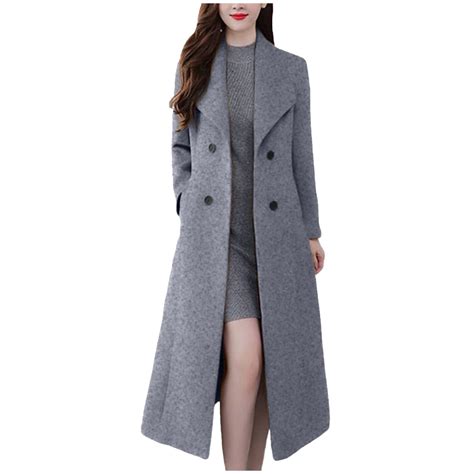 XFLWAM Womens Notched Lapel Collar Double Breasted Pea Coat Winter Wool ...