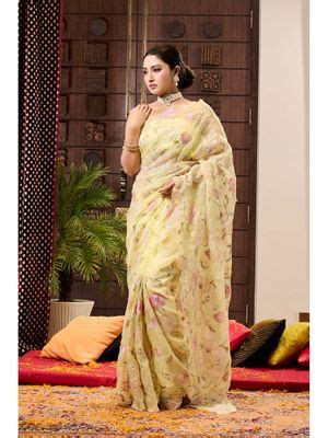 Buy Aparnaa Yellow Applique work Organza Saree with Unstitched Blouse ...