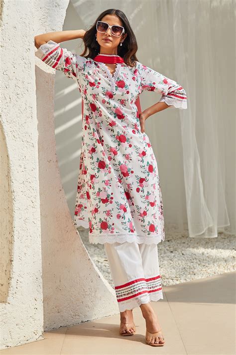 Buy Off-White Cotton Printed Kurta & Palazzo Suit Set Online at Biba Global